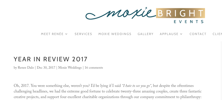 Sample Year in Review Blog Post for Wedding Pros by Moxie Bright Events, Renee Dalo